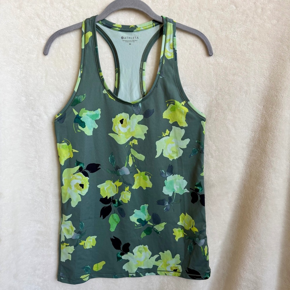 Athleta Olive Green Watercolor Rose Floral Racerback Athletic Tank Top Sz M - Picture 1 of 6